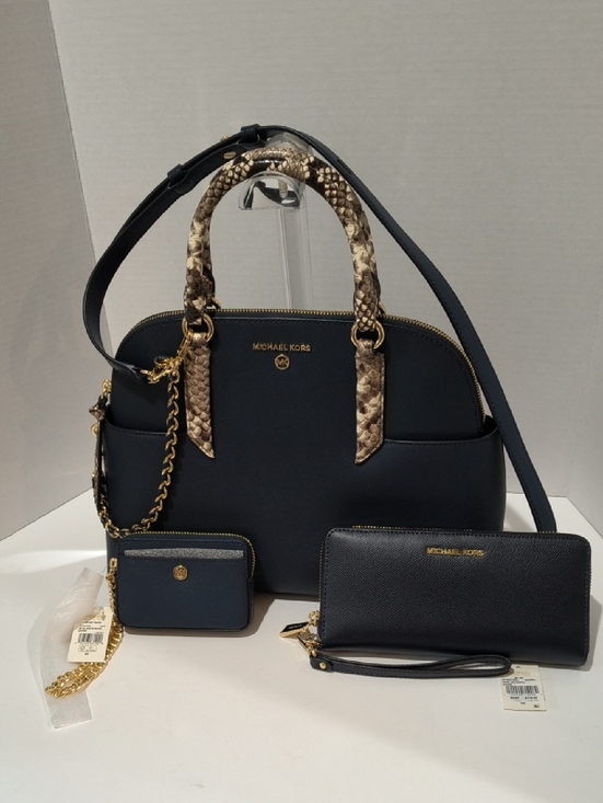Michael Kors Handbags - Michael Kors Hudson Navy Dome Satchel with Snake-Print Handles and Gold Hardware